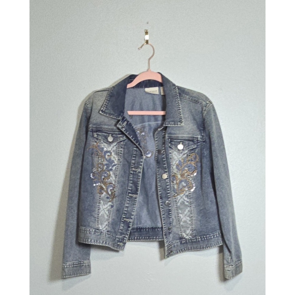Chico's Platinum Distressed Denim Jacket Sequins Rhinestones Lattice Panel 2 / L
